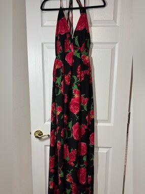 Black Floral Maxi Dress with Pink Rose Print